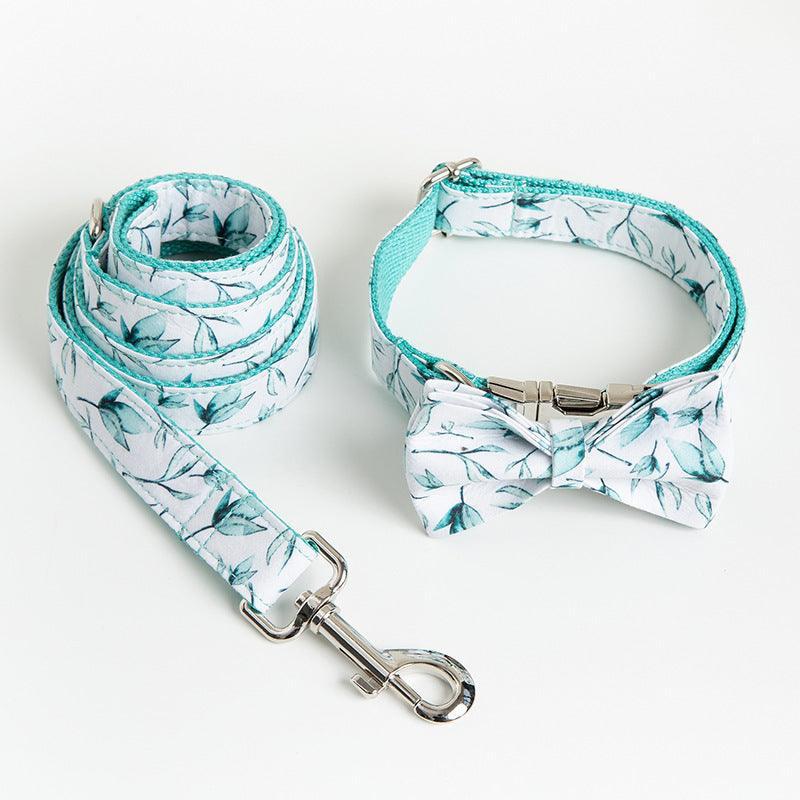 Tropical Leaf Bow Tie Dog Collar and Leash Set - Stylish Cotton Collar with Quick - Release Buckle - Pets Perfect