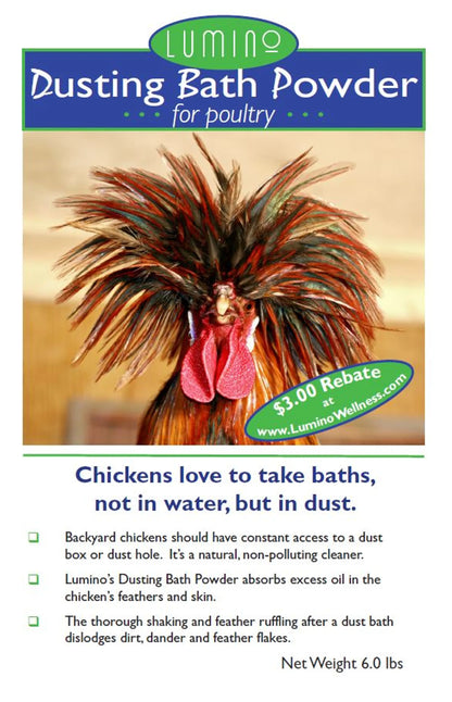 Dusting Bath Powder for Poultry featuring a colorful rooster with vibrant spiked feathers promoting natural dust baths for chickens.