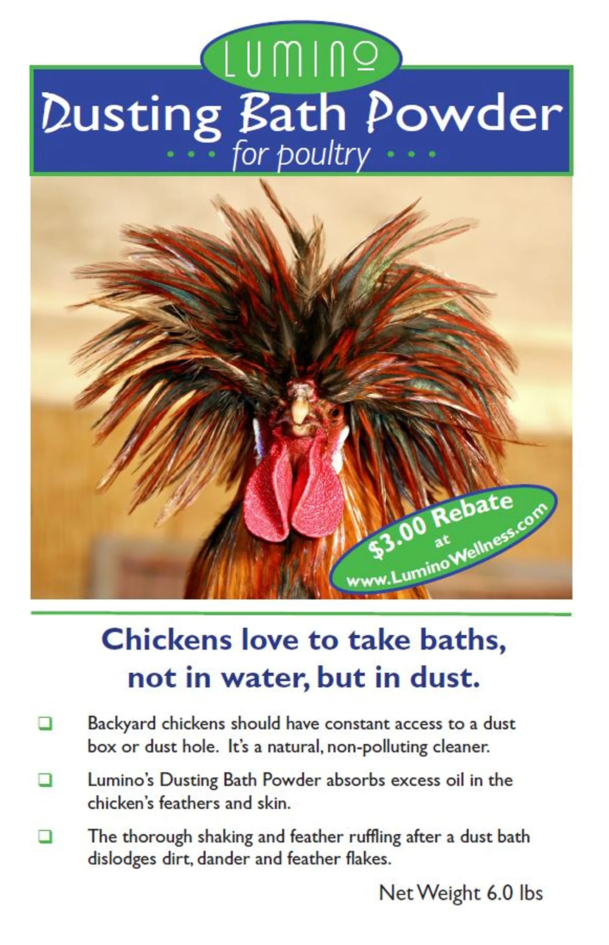 Packaging for Dusting Bath Powder for Poultry with a close-up of a colorful chicken with fluffy feathers
