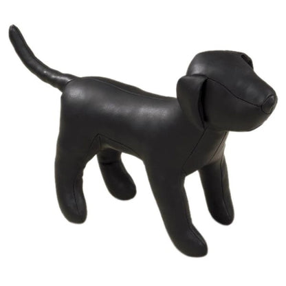 Black synthetic leather dog mannequin standing, labeled ES Dog Mannequin M Blk for pet supplies display.
