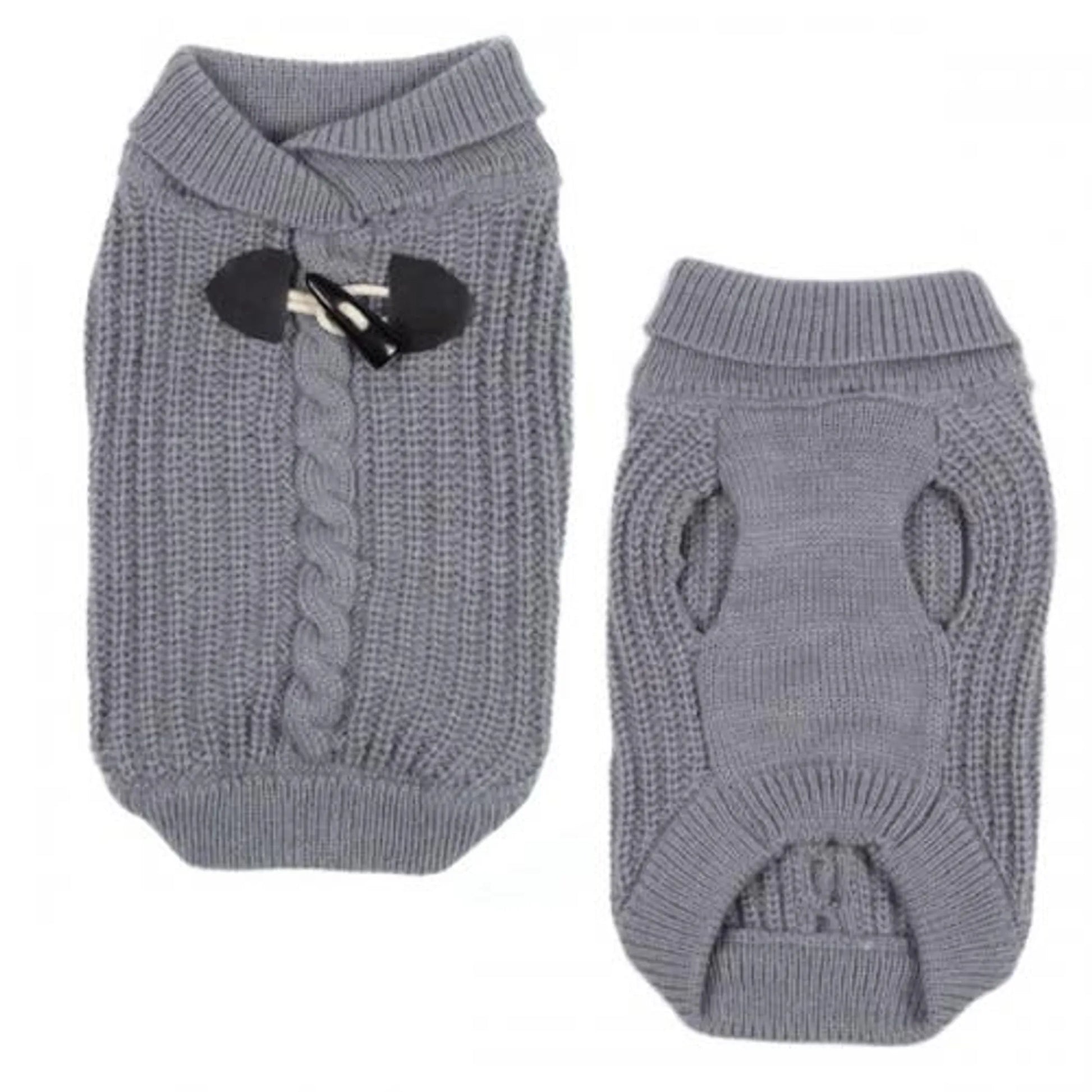 Gray knit ES Shawl Collar Sweater with toggle clasp, designed for pets, shown front and back views.
