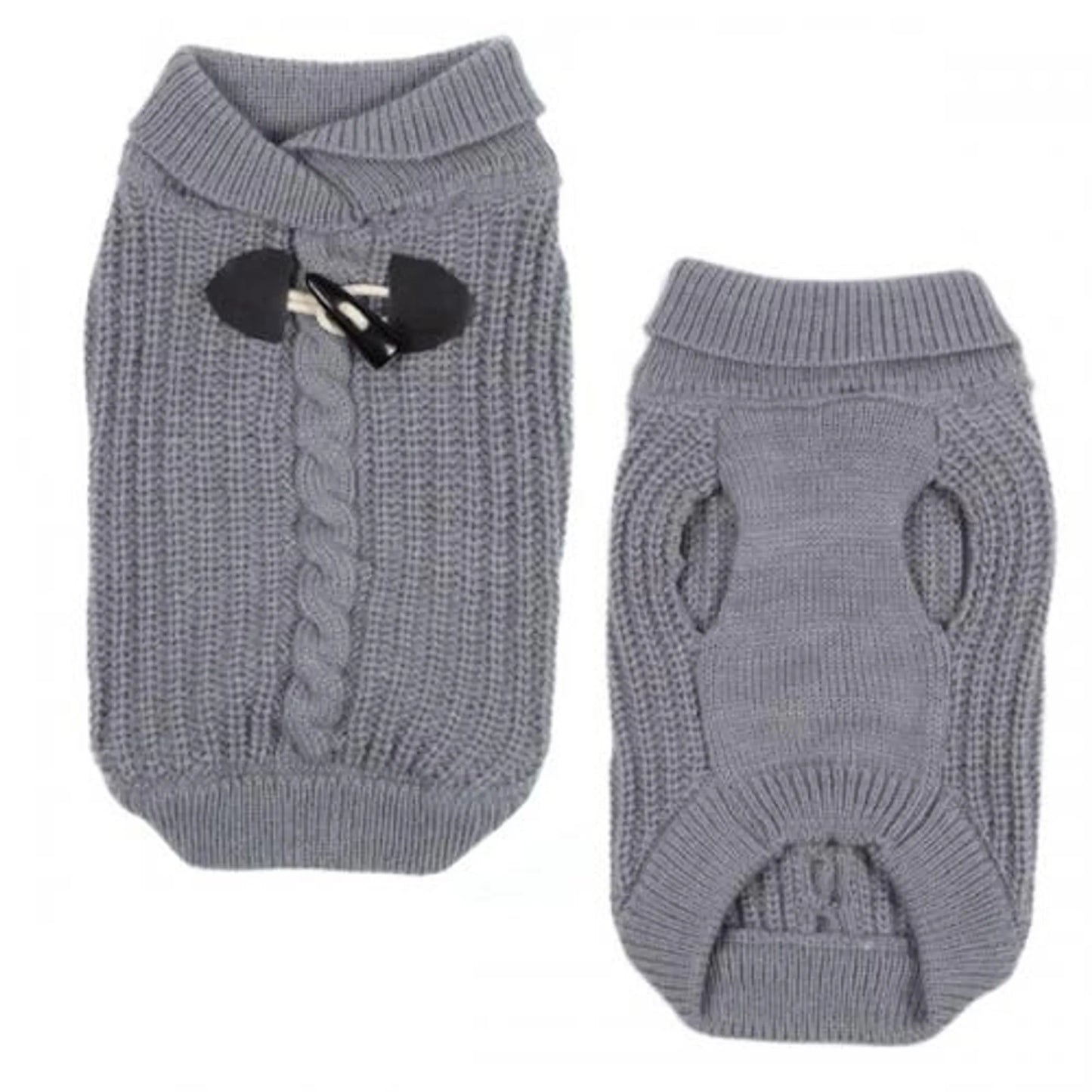 Gray cable knit ES Shawl Collar Sweater with toggle detail, shown front and back, designed for pets to wear comfortably.