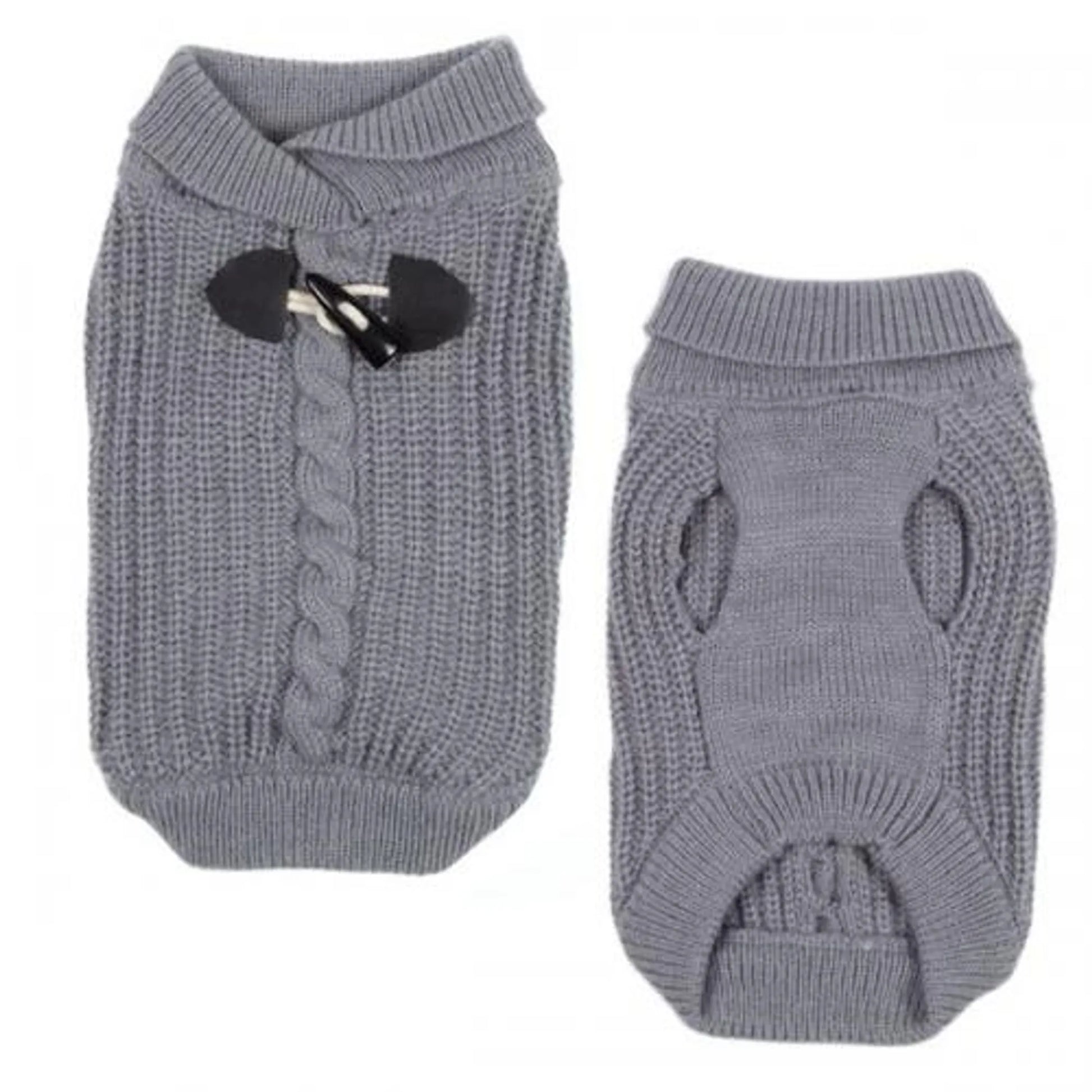 Gray knitted ES Shawl Collar Sweater with cable pattern and toggle closure, shown front and back views for pets.