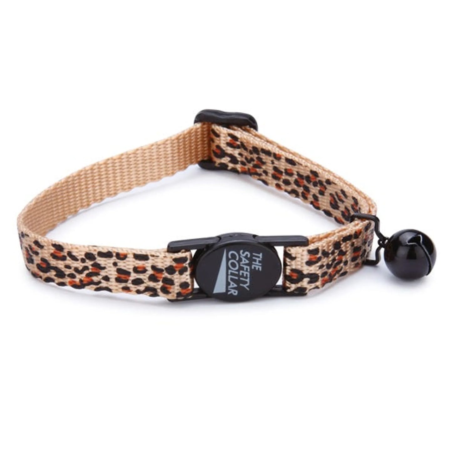 MT AnimalPrint Cat Collar 8-12In Chtah with leopard pattern, safety buckle, and attached black bell for cats