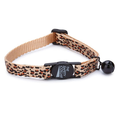 MT AnimalPrint Cat Collar 8-12In Chtah with leopard pattern, adjustable strap, safety buckle, and black bell for cats