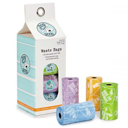 Dog is Good Potty Talk Waste Bags in colorful rolls with durable plastic for easy one-handed scooping.