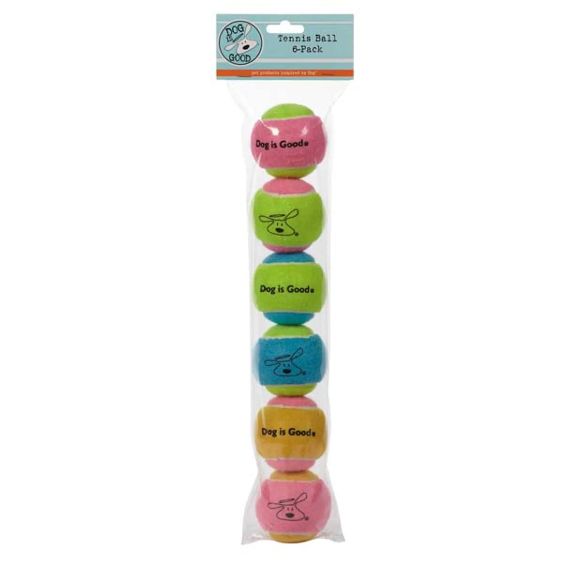 DG Tennis Ball 6Pk Multi colorful pink, green, blue, and yellow tennis balls for dogs in clear packaging