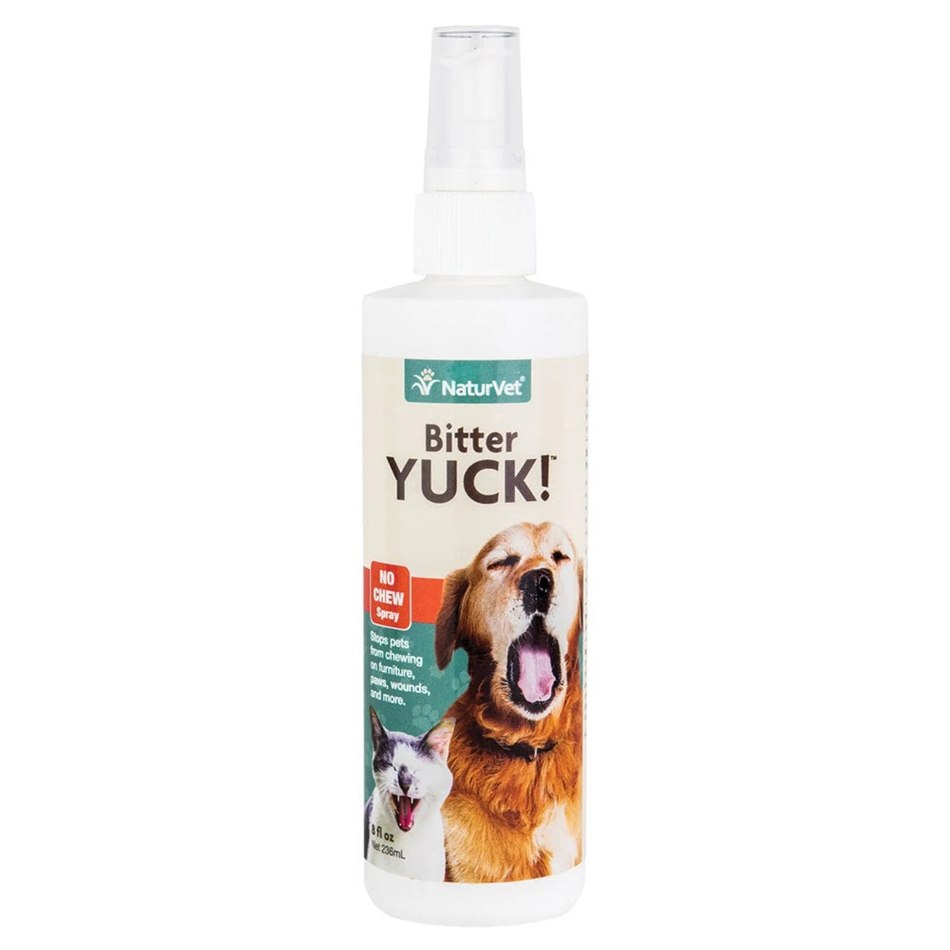 NV Bitter Yuck! 16oz spray bottle with dog and cat image, no chew pet deterrent for wounds and scratching.
