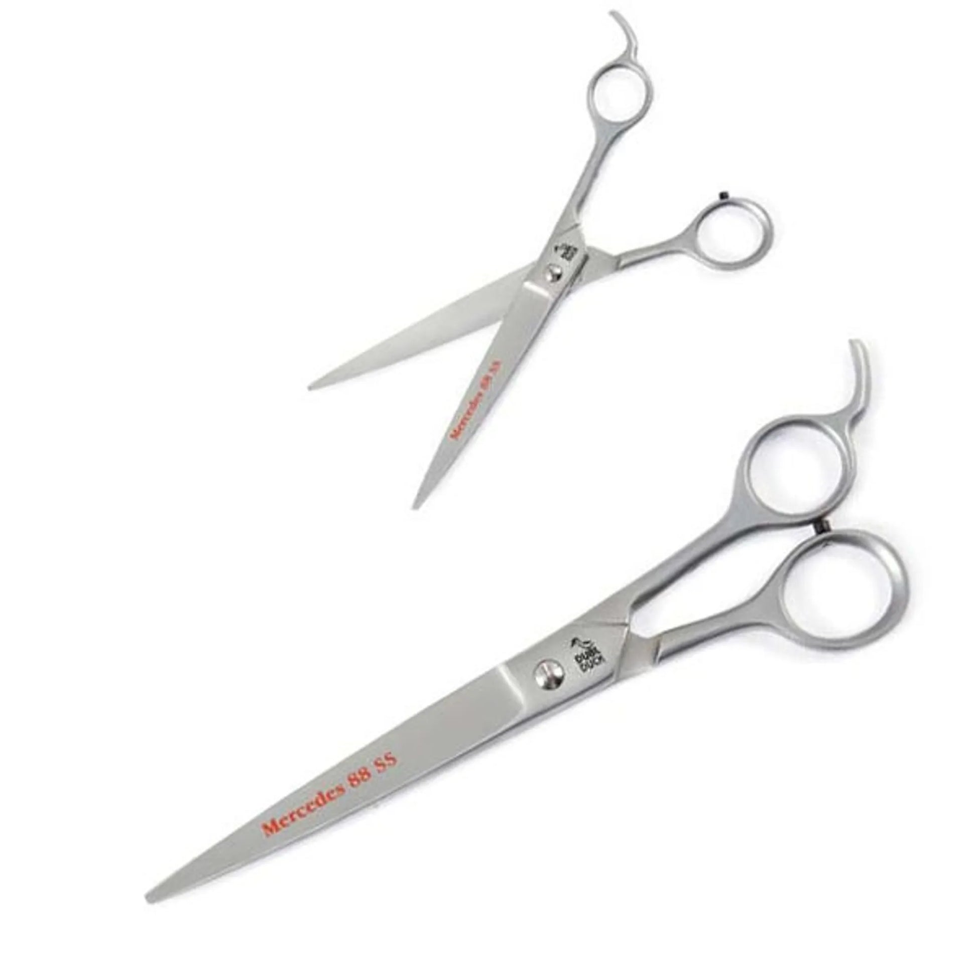 Pair of professional grooming scissors labeled DB Mercedes 88 SS Shear Strt 8.25In for pet grooming use