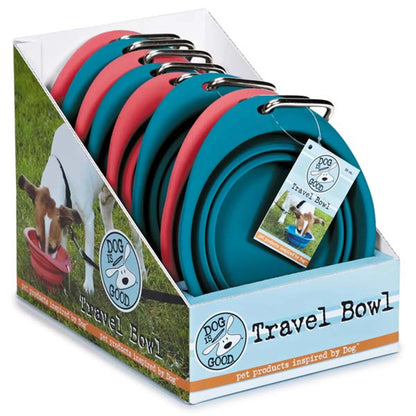 Dog is Good Travel Bowl 8pk 26oz collapsible travel bowls in blue and red, displayed in retail packaging for pet supplies.