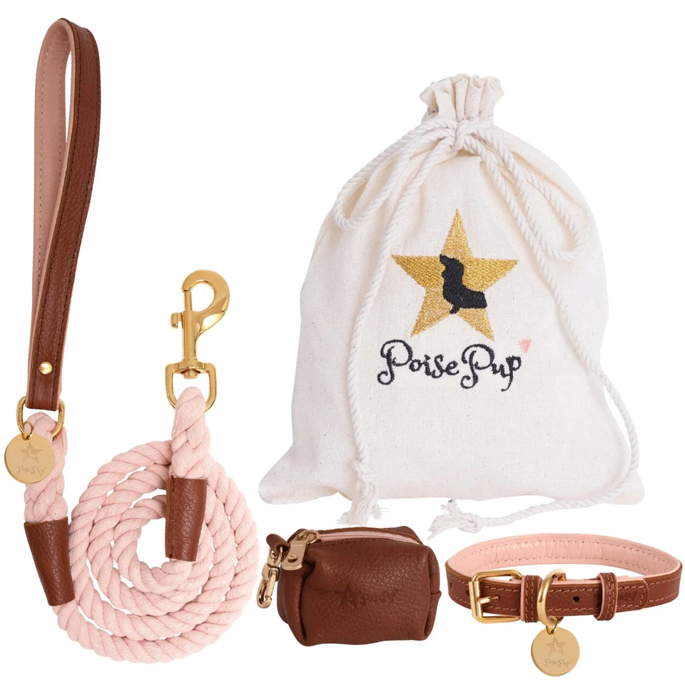 PoisePup dog-walking set with pink rope leash, brown collar, pouch and storage bag