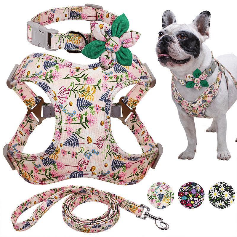 Floral Print Dog Collar Harness Leash Set For Small, Medium, Large Dogs - Stylish Pet Accessories - Pets Perfect