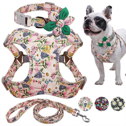 Floral Print Dog Collar Harness Leash Set For Small, Medium, Large Dogs - Stylish Pet Accessories - Pets Perfect