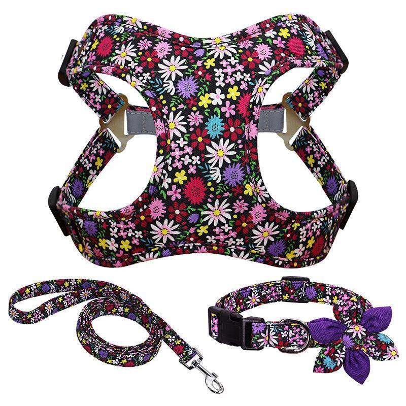 Floral Print Dog Collar Harness Leash Set For Small, Medium, Large Dogs - Stylish Pet Accessories - Pets Perfect