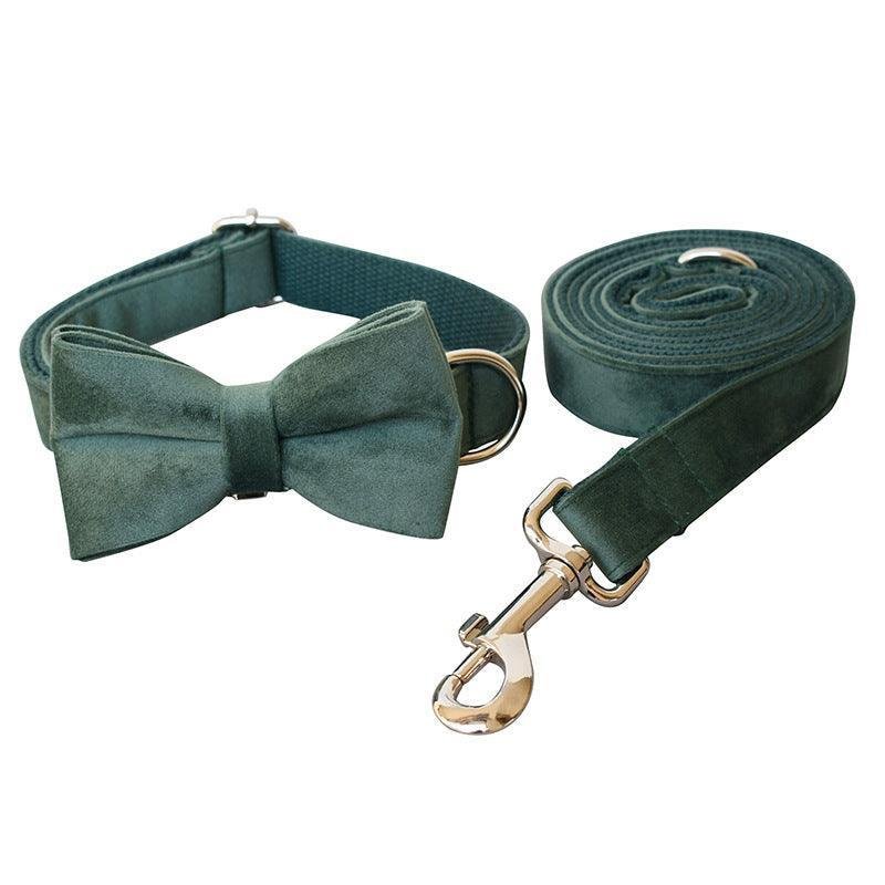 Luxurious Emerald Velvet Dog Collar and Leash Set - Elegant Wool Collar with Bow - Pets Perfect