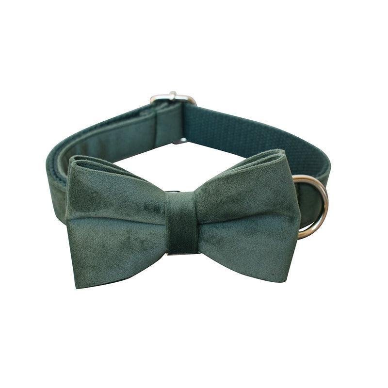 Luxurious Emerald Velvet Dog Collar and Leash Set - Elegant Wool Collar with Bow - Pets Perfect