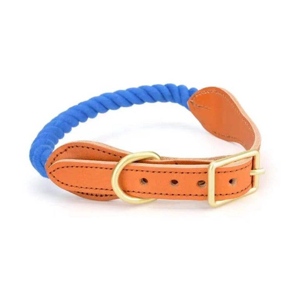 Luxe Royal Pink Leather Rope Dog Collar - Brass Hardware, Dark turquoise, view 16