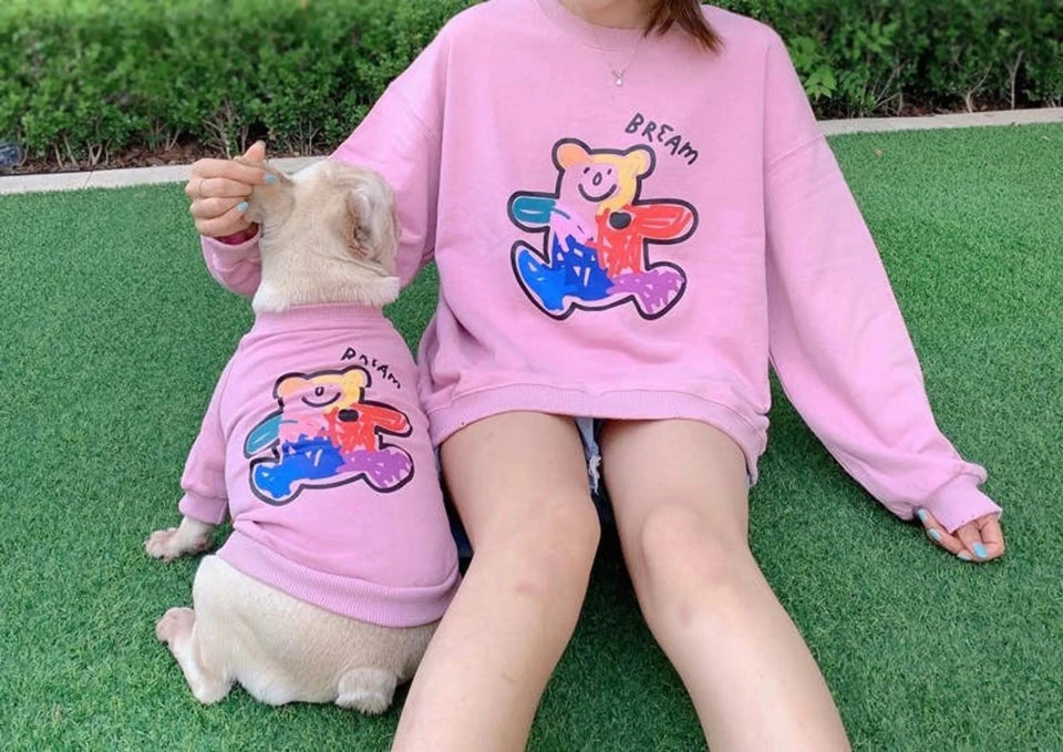Teddy Bear Matching Pet & Owner Clothing Set - Heart Print Terry Cardigan Sweater - Pets Perfect