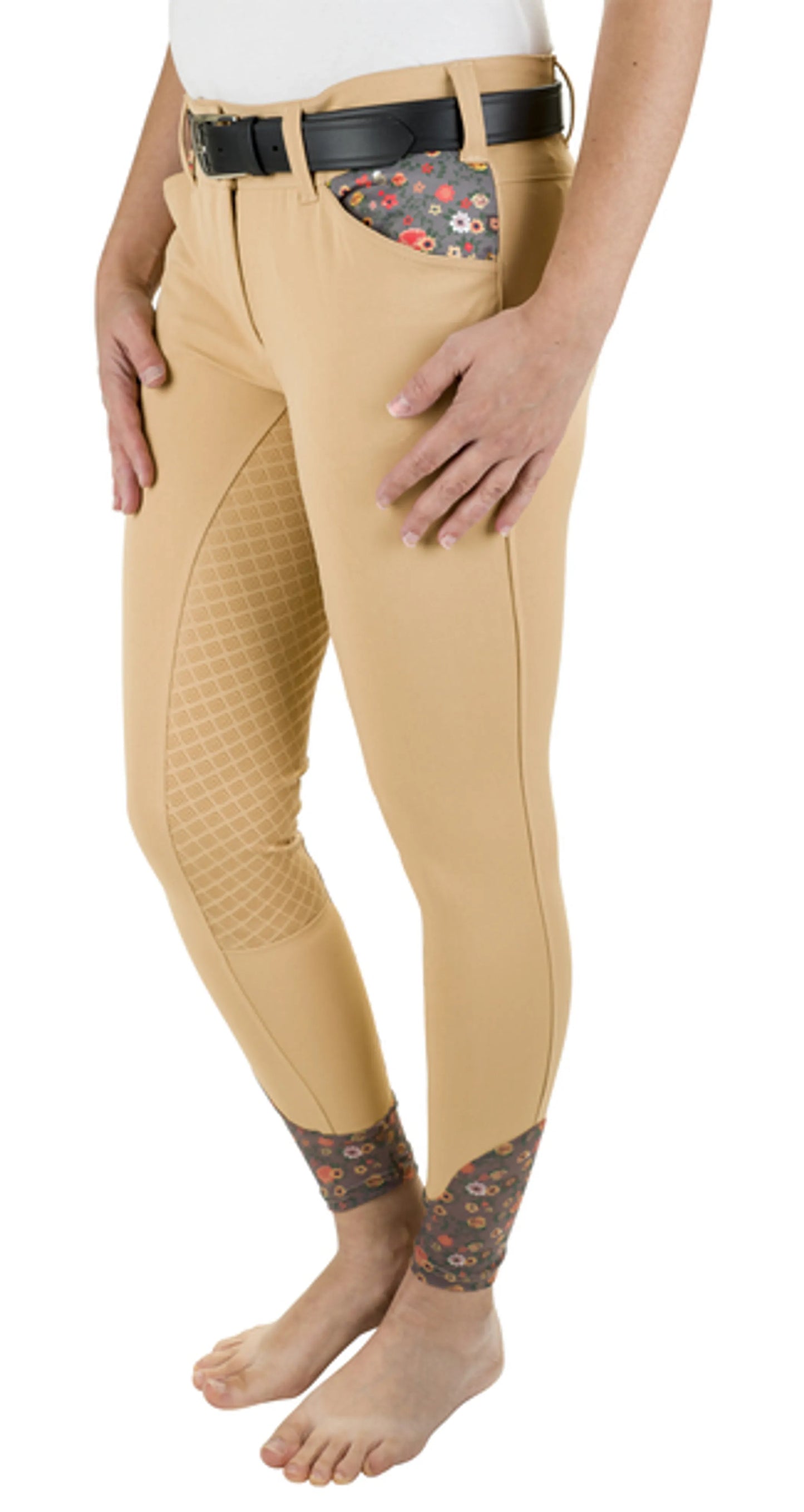Ecorider By TuffRider Ladies Acadia Full Seat Breeches - Cuban Sand - 34 with floral pocket and cuff accents