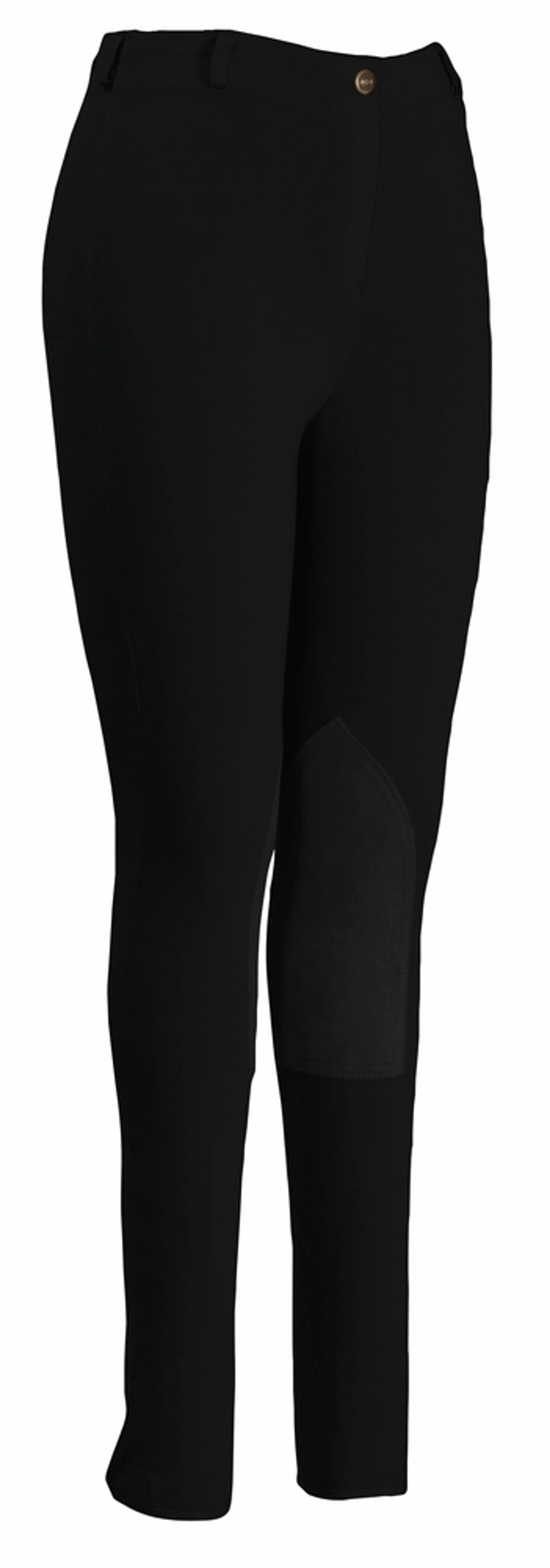 TuffRider Ladies Pull-On Knee Patch Breeches in black, designed for equestrian comfort and durability.