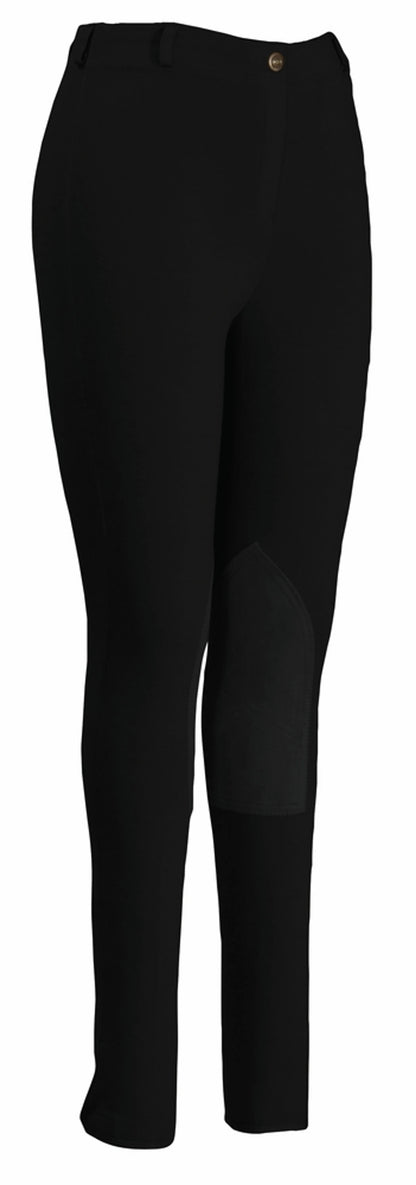 TuffRider Ladies Pull-On Knee Patch Breeches in black, designed for equestrian comfort and durability.