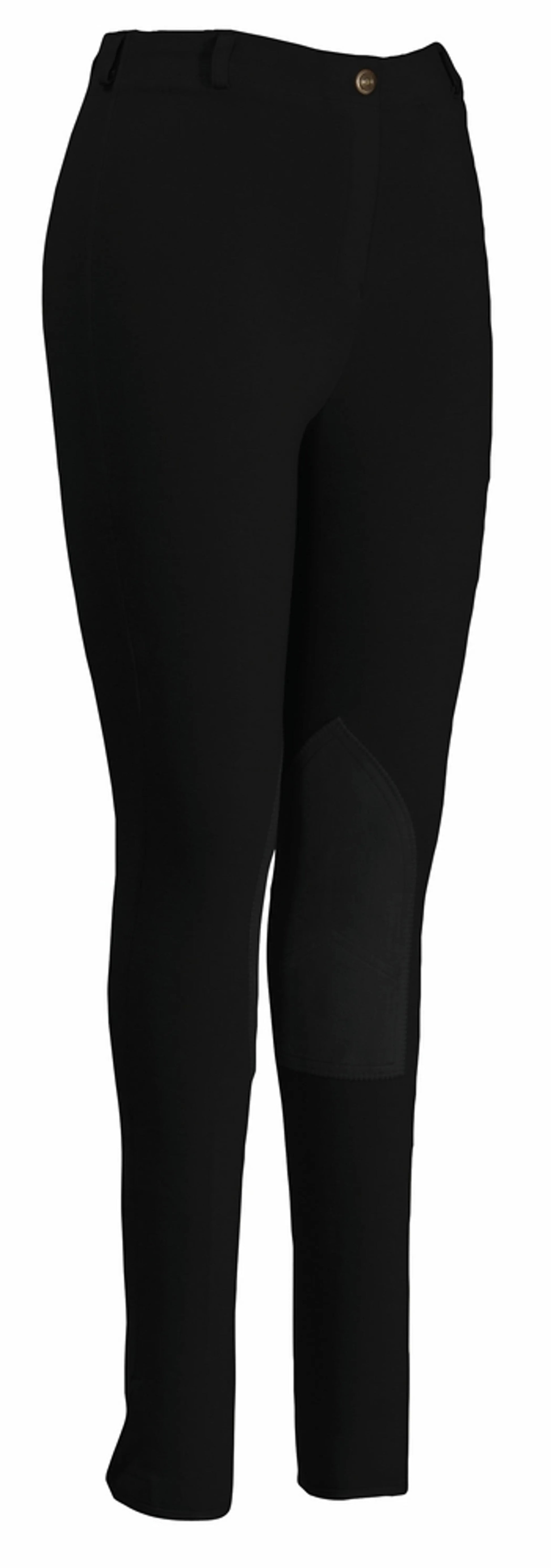 TuffRider Ladies Pull-On Knee Patch Breeches in black with reinforced knee patches for equestrian comfort and durability