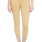 Woman wearing tan TuffRider Ladies Pull-On Knee Patch Breeches standing barefoot against white background