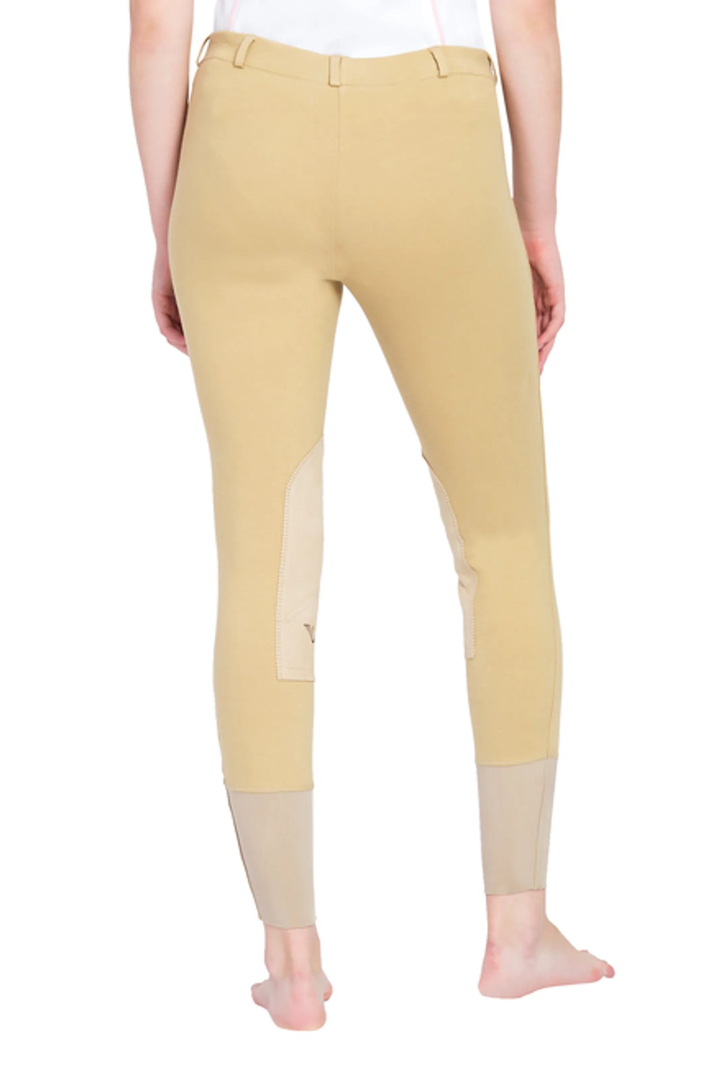 TuffRider Ladies Pull-On Knee Patch Breeches in tan, shown from the back with elastic ankle panels.