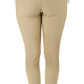 Back view of beige TUFFRIDER LADIES CLASSIC RIBBED TIGHTS worn by a model standing barefoot on white background