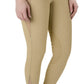 TUFFRIDER LADIES CLASSIC RIBBED TIGHTS beige ribbed fabric with grip patches modeled with barefoot and long sleeve shirt