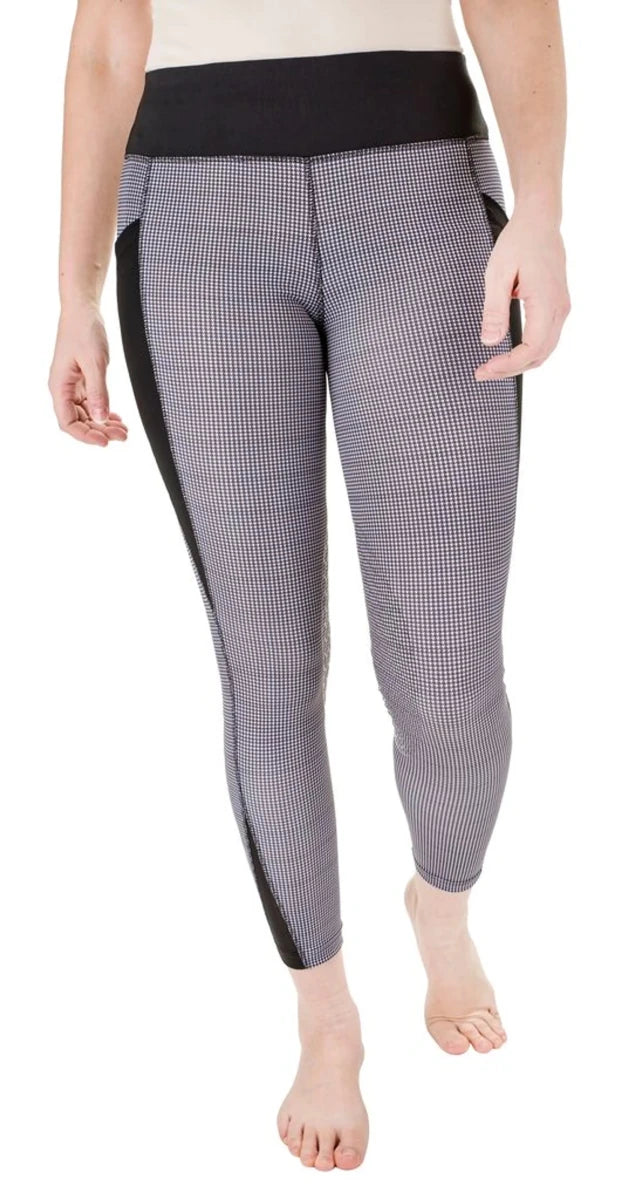 TuffRider Minerva EquiCool Houndstooth Riding Tights with Silicone Knee Patches - Women's Performance Leggings modeled barefoot