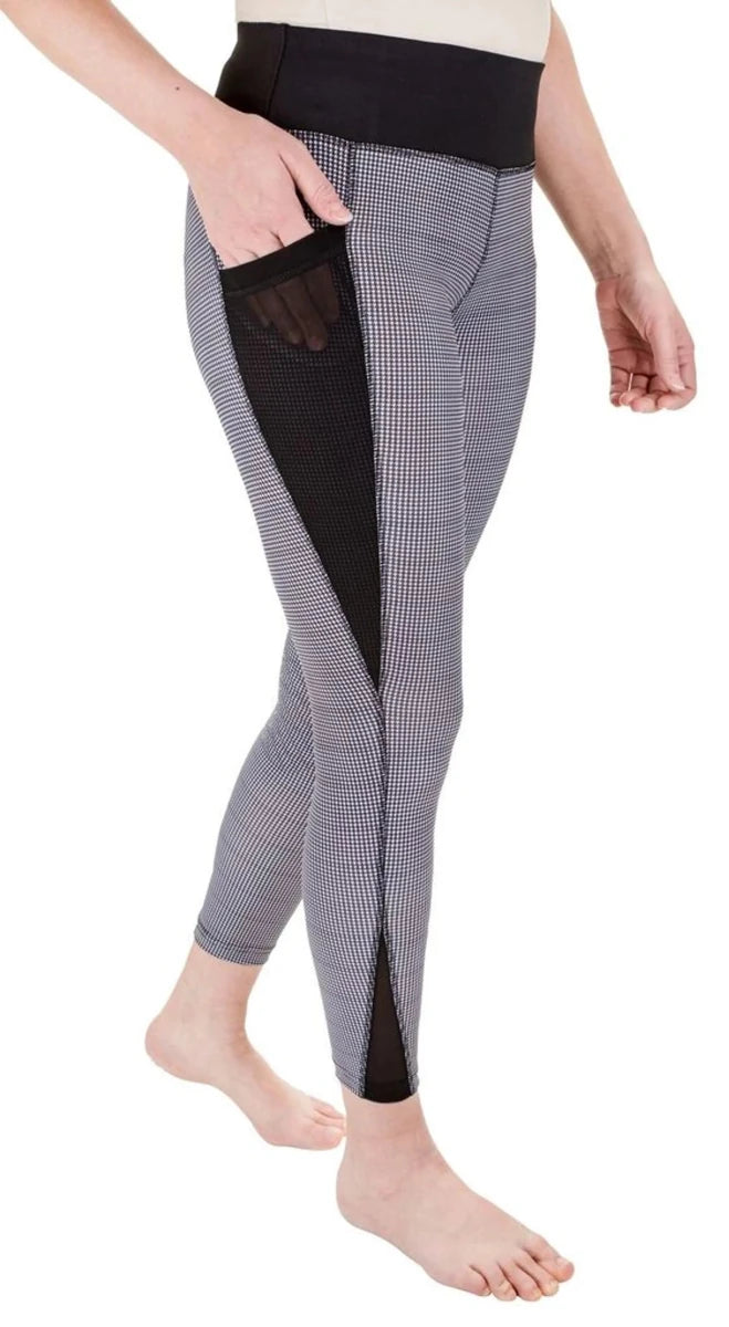 TuffRider Minerva EquiCool Houndstooth Riding Tights with Silicone Knee Patches - Women's Performance Leggings worn barefoot with mesh pocket detail.