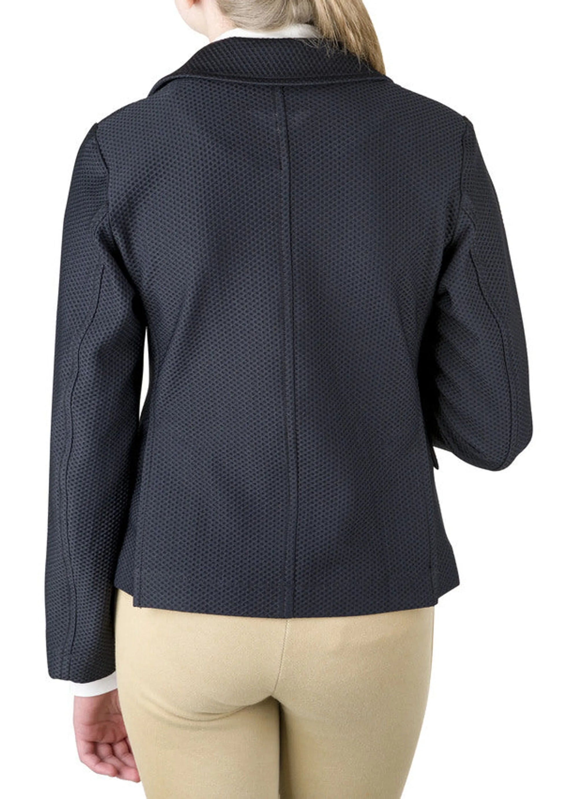 Back view of a child wearing a textured black TuffRider Children's EquiVent Show Coat with beige riding pants
