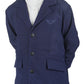 Child wearing navy TuffRider Children's EquiVent Lite Show Coat with textured fabric and button front closure