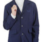 Child wearing navy TuffRider Children's EquiVent Lite Show Coat with textured fabric and button closure