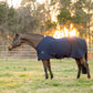 Horse standing in a grassy field wearing a navy cooler blanket at sunset, TuffRider Waffle Weave Cooler Standard Neck-Navy-69