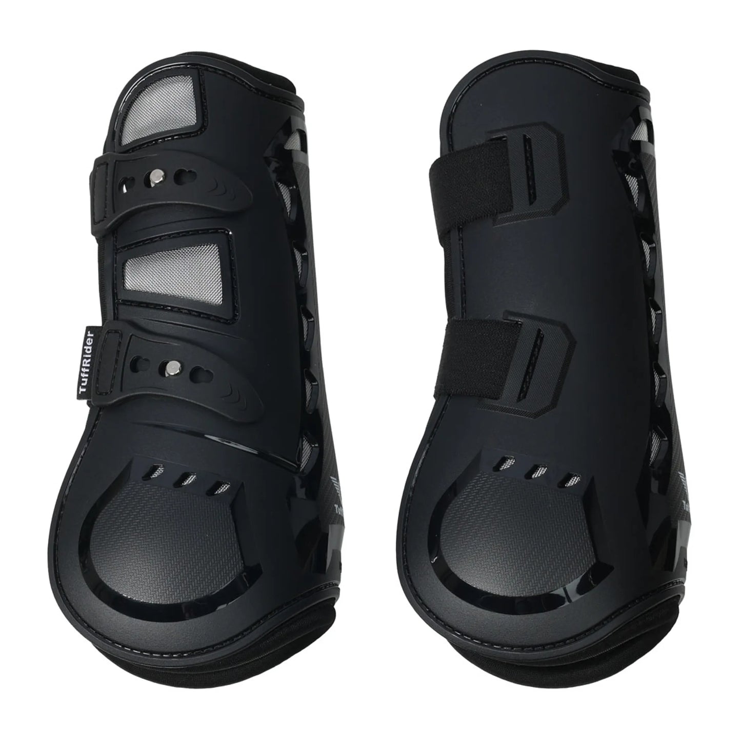 Pair of black TuffRider Airflow Iron Man Tendon Boots-Black-Cob for horse leg protection with ventilation and secure straps.