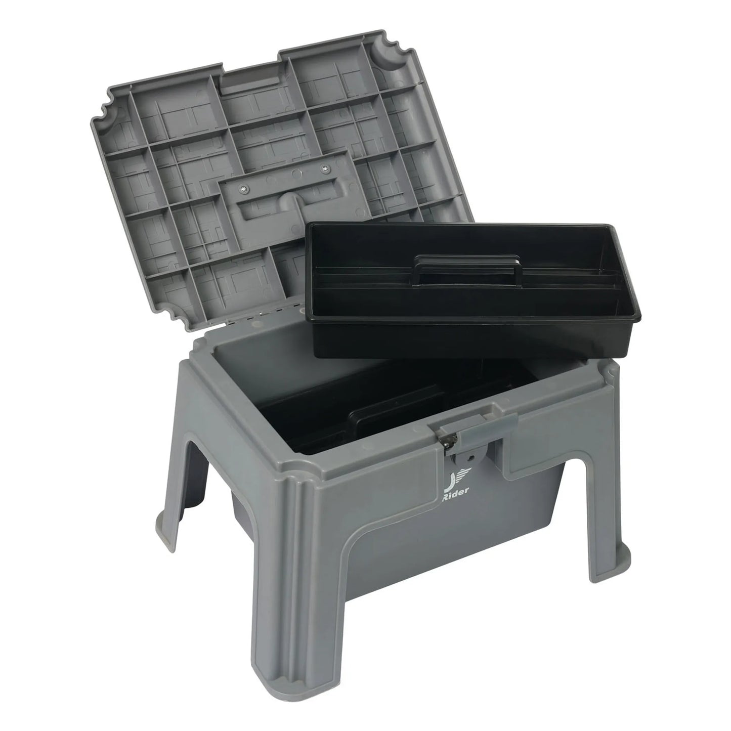 TuffRider Super Grooming Box With Stool-Black open showing removable black tray and sturdy grooming stool design