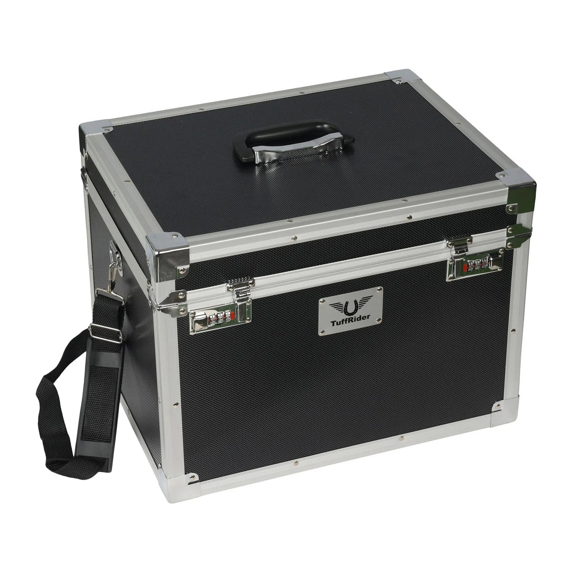 TuffRider Aluminium Grooming Box-Black with sturdy handle, shoulder strap, and secure locking latches for pet grooming supplies.