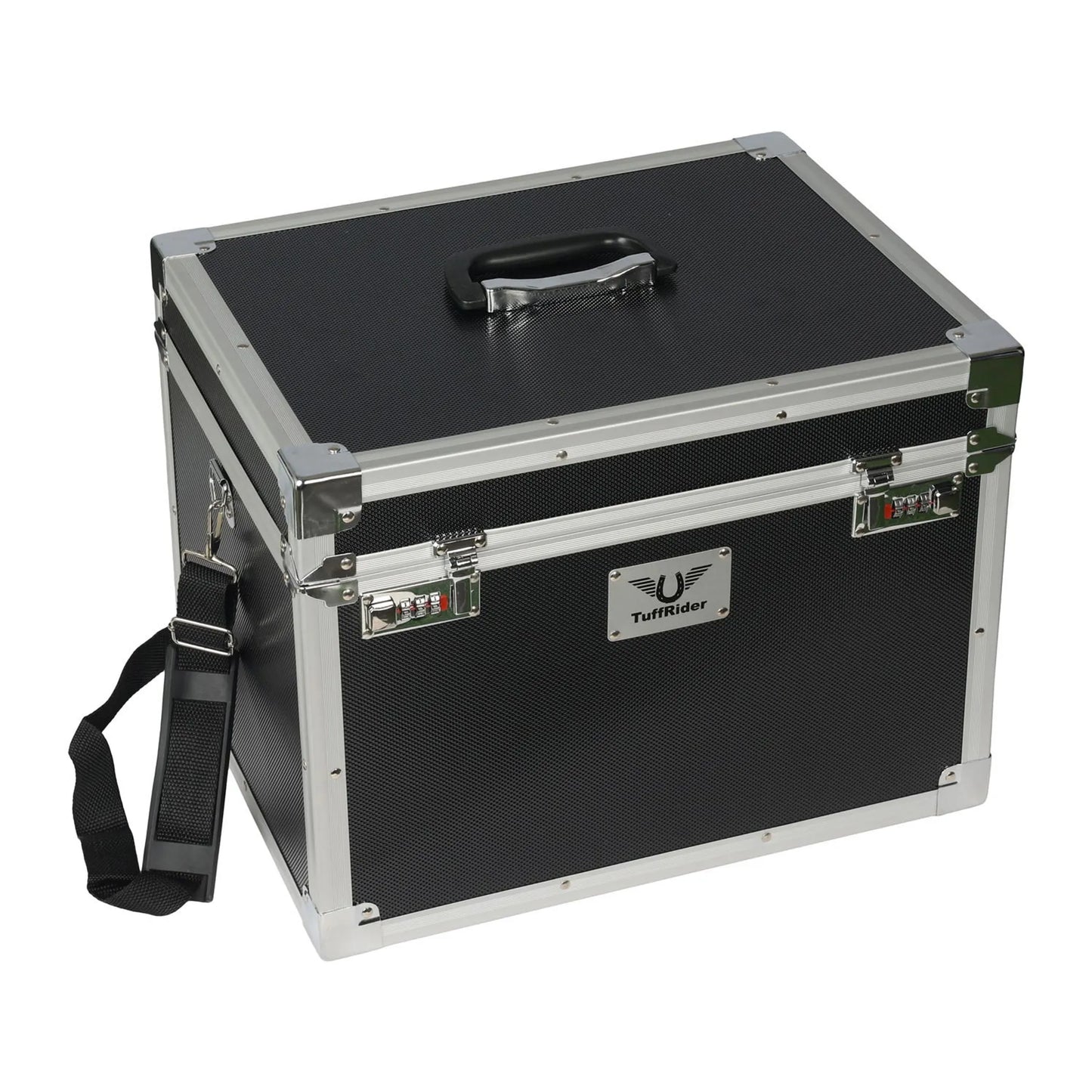 TuffRider Aluminium Grooming Box-Black with handle and shoulder strap, durable for equestrian grooming supplies storage.