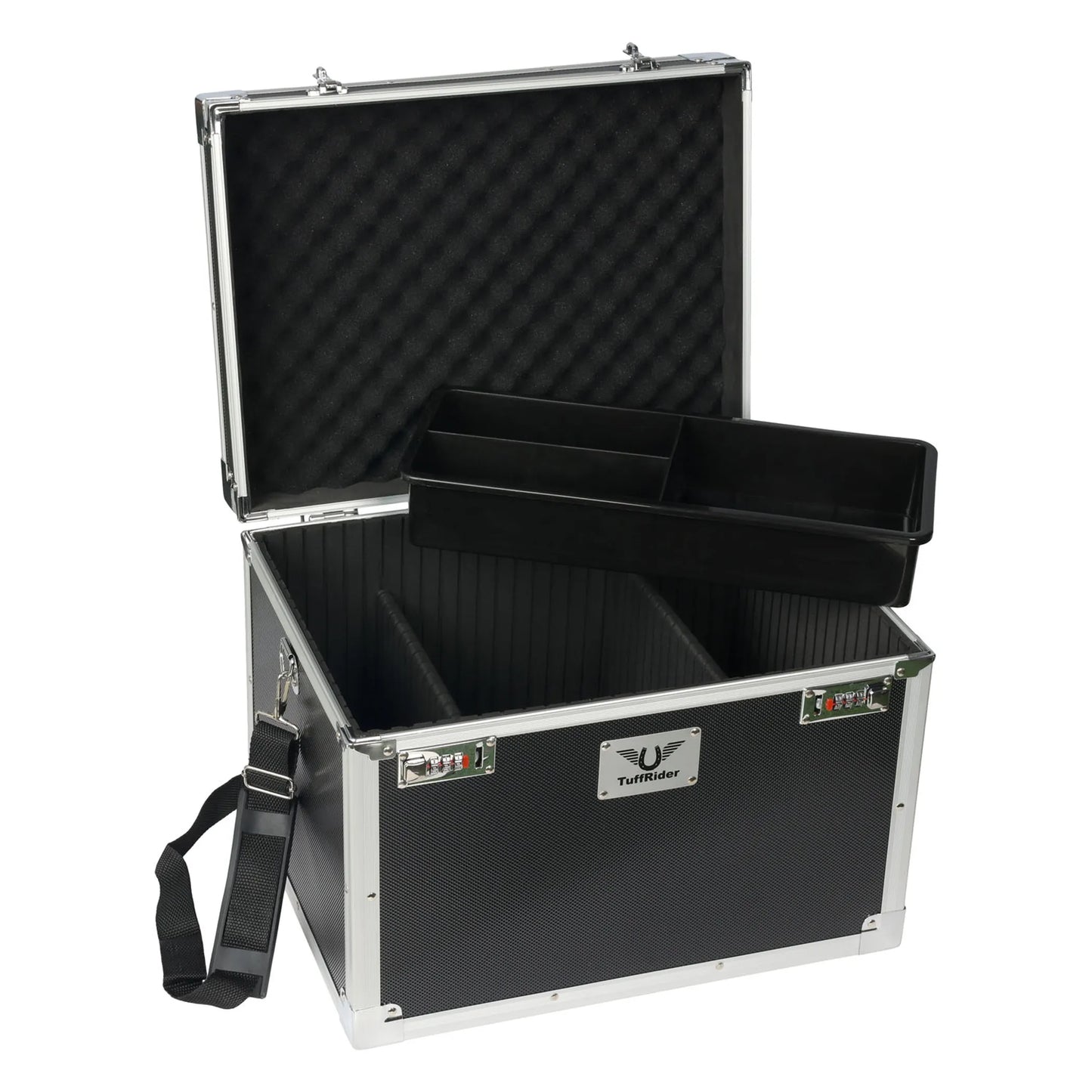 TuffRider Aluminium Grooming Box-Black with removable tray and padded interior for organized pet grooming supplies storage