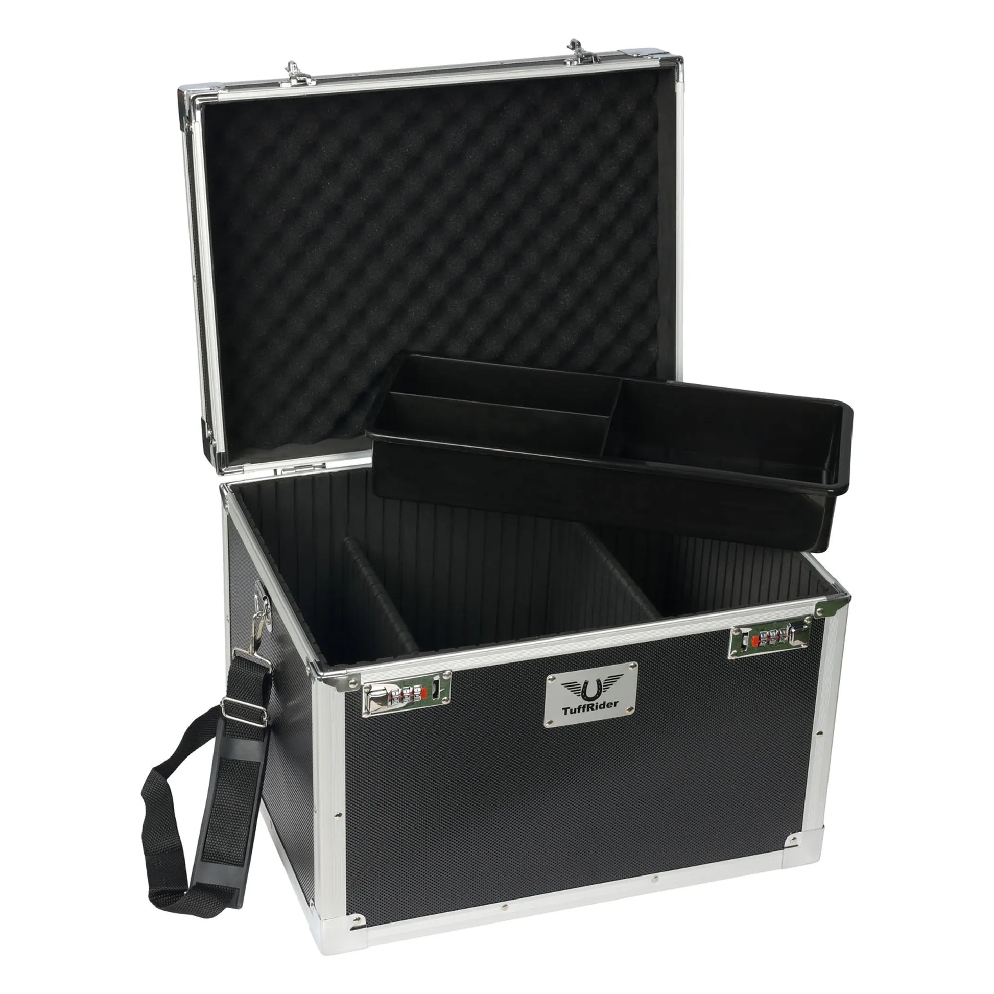 TuffRider Aluminium Grooming Box-Black with removable tray and padded interior for organized pet grooming supplies storage
