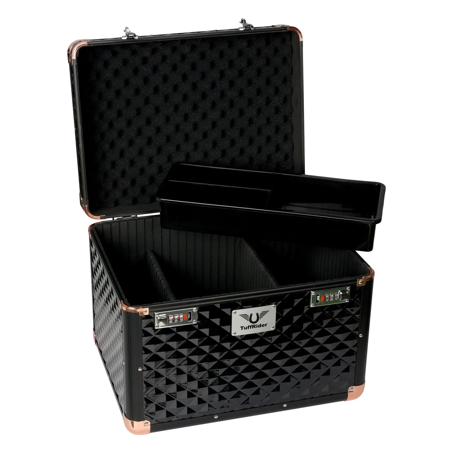 TuffRider Aluminium Diamond Grooming Box-Black with removable tray and secure latches for equestrian grooming supplies storage