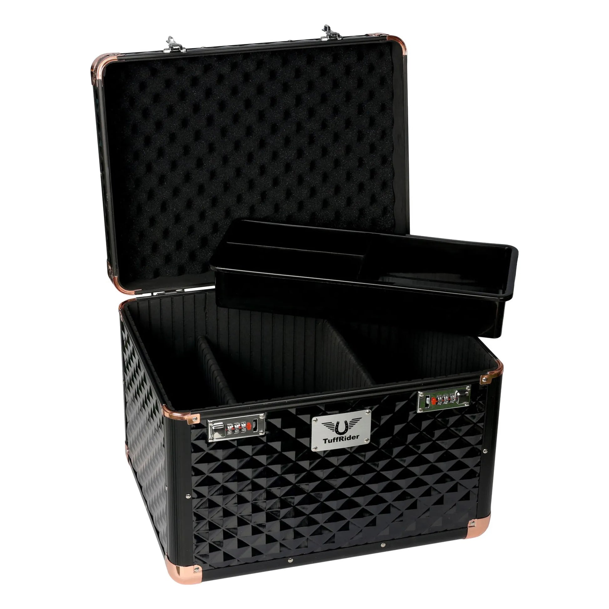 TuffRider Aluminium Diamond Grooming Box-Black with removable tray and secure latches for equestrian grooming supplies storage