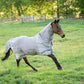 Horse wearing TuffRider NevaTear Technical Combo Neck Fly Sheet-Silver-69 running in green pasture outdoors