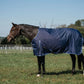 Horse standing outdoors wearing TuffRider Comfy Fit 1200 D RipStop Waterproof/Breathable Comfy Winter Turnout Blanket Medium Weight 200 GSM Standard Neck W/Adjustable Neck - Single Sheet - Na