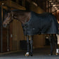 TuffRider Kozy Komfort Stable Blanket With Diamond Quilting -420 D 200 GSM of fill- Black w/Black/White Trim-69 on horse inside stable aisle