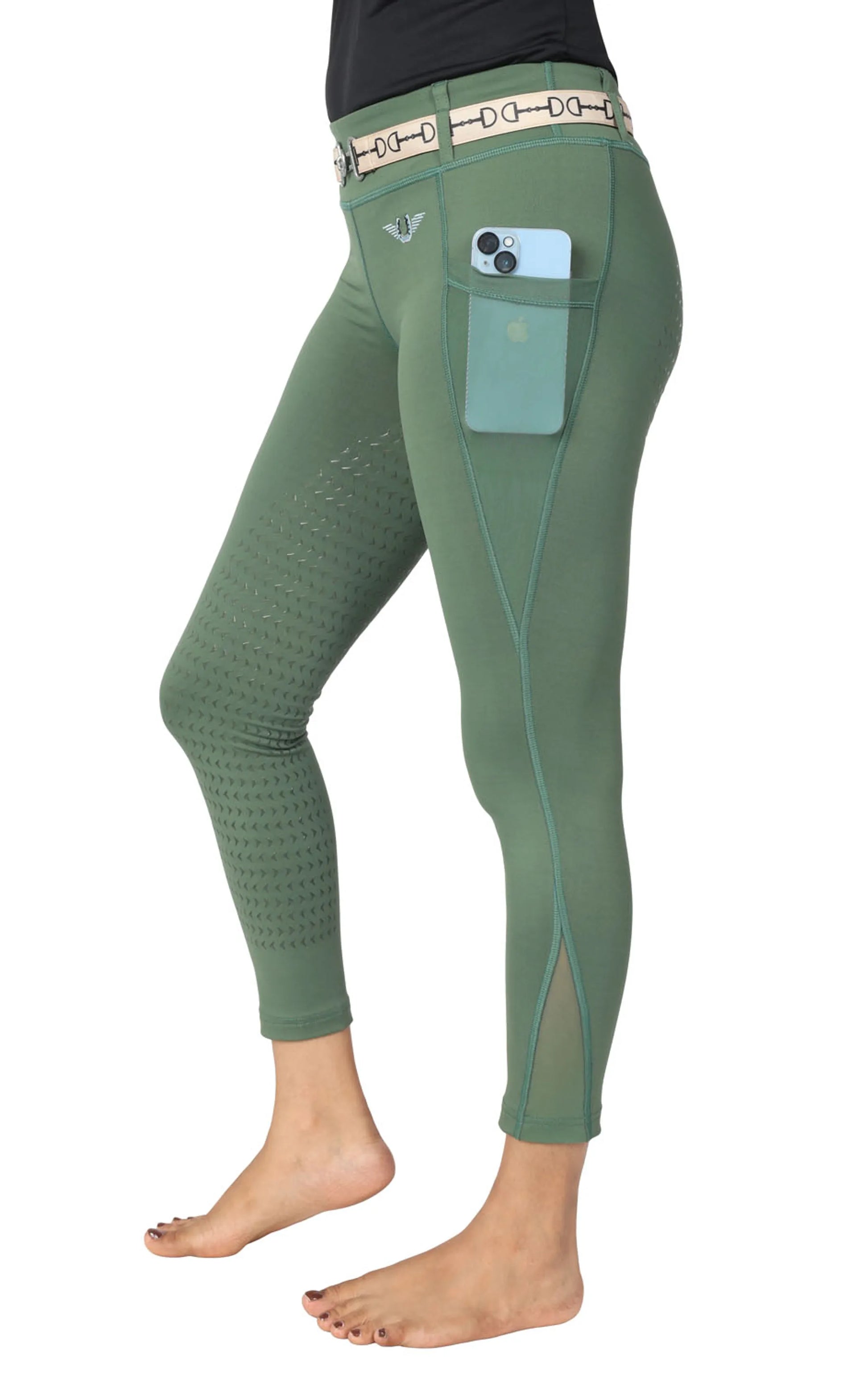 TuffRider Children's Minerva EquiCool Full Seat Tights With Phone Pocket and Loops-Ensign Blue-L shown in olive green with phone in pocket