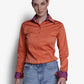Model wearing TuffRider Ladies ADEY Double Collar Shirt-Royal Blue -L with paisley inner collar and cuffs, styled with jeans