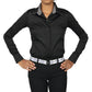Model wearing TuffRider Girls ADEY Double Collar Shirt-Plum -L with black fitted sleeves and contrasting checked collar detail